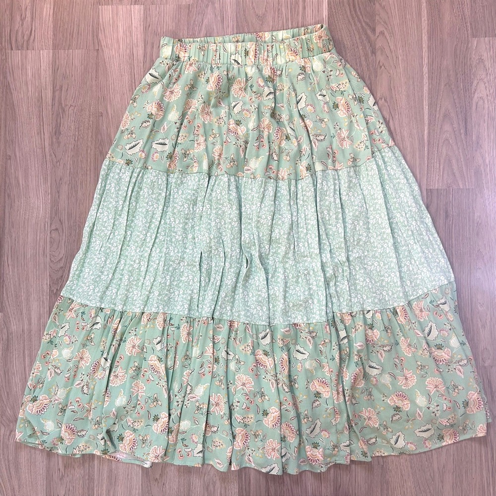 Torrid Cottagecore Floral Tiered Maxi Skirt M Sage Green Pockets Elastic Waist
